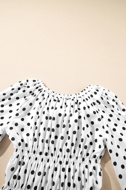 Black Polka Dot Puff Sleeve Bow Square Neck Peplum Top