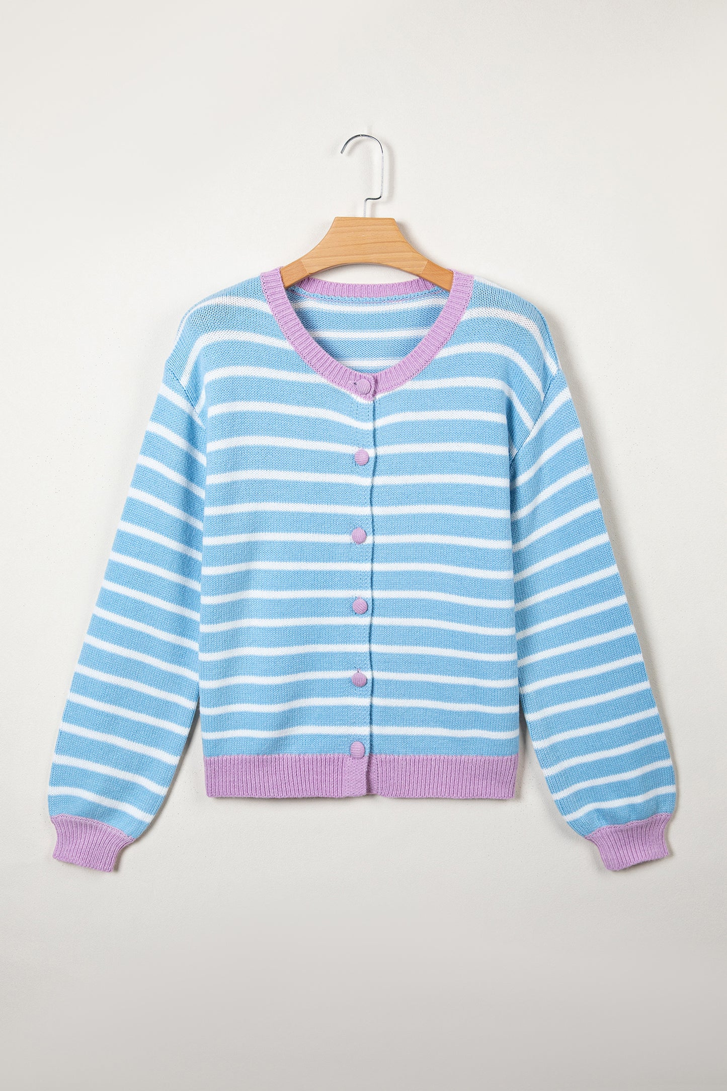 Sky Blue Stripe Striped Long Sleeve Round Neck Casual Open Front Cardigan