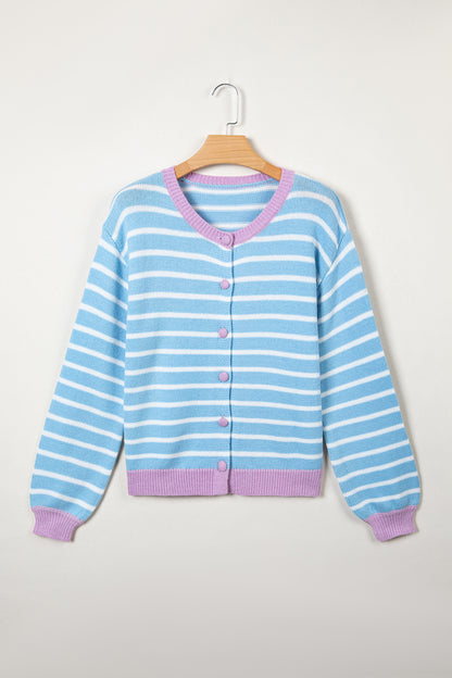 Sky Blue Stripe Striped Long Sleeve Round Neck Casual Open Front Cardigan