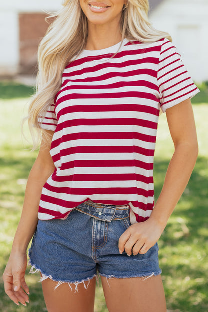 Red Stripe Patchwork Round Neck T Shirt
