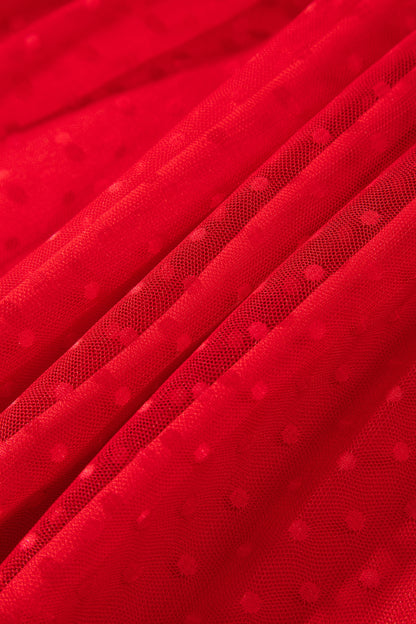 Fiery Red Tiered Tulle Smocked Bodice Puff Sleeve Dress
