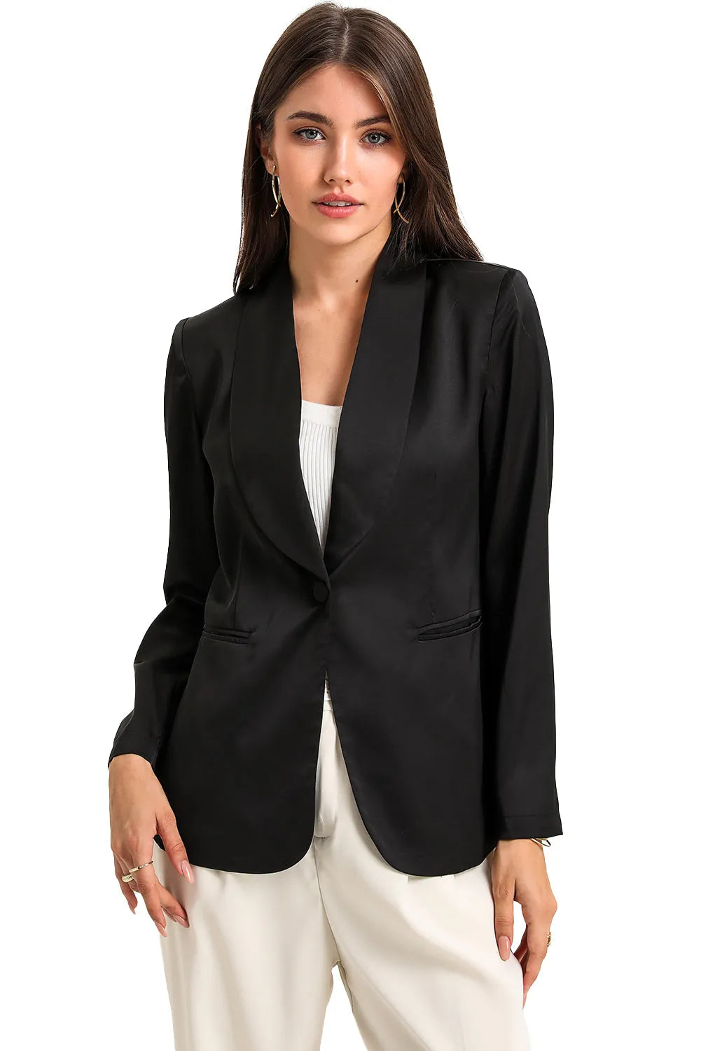 Black Collared Neck Single Breasted Blazer with Pockets - Chic Meadow Boutique 