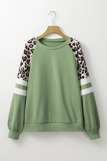 Grass Green Leopard Print Colorblock Raglan Sleeve Sweatshirt - Chic Meadow Boutique 