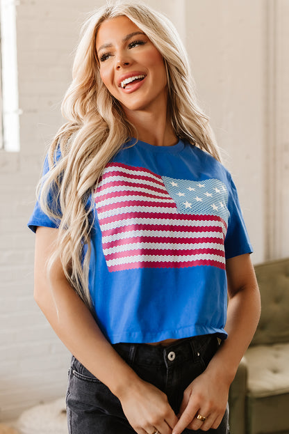 Real Teal American Flag Pattern Crewneck Tee