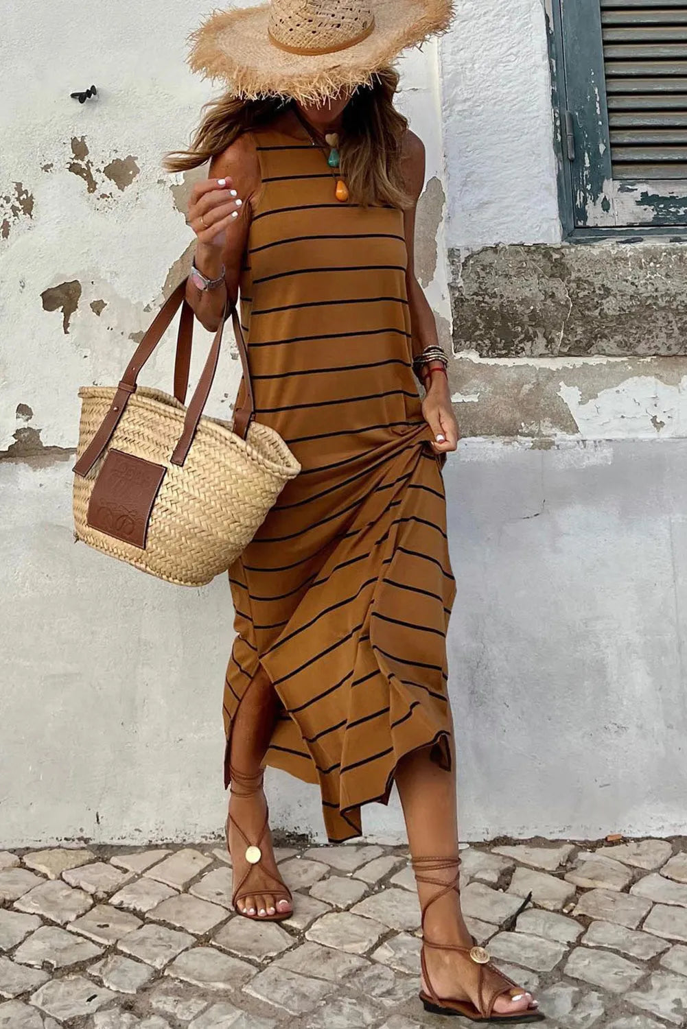 Brown Stripe Print Open Back Sleeveless Maxi Dress with Slits - Chic Meadow Boutique 