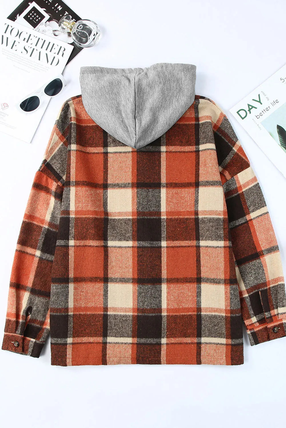 Orange Hooded Plaid Button Front Shacket - Chic Meadow Boutique 