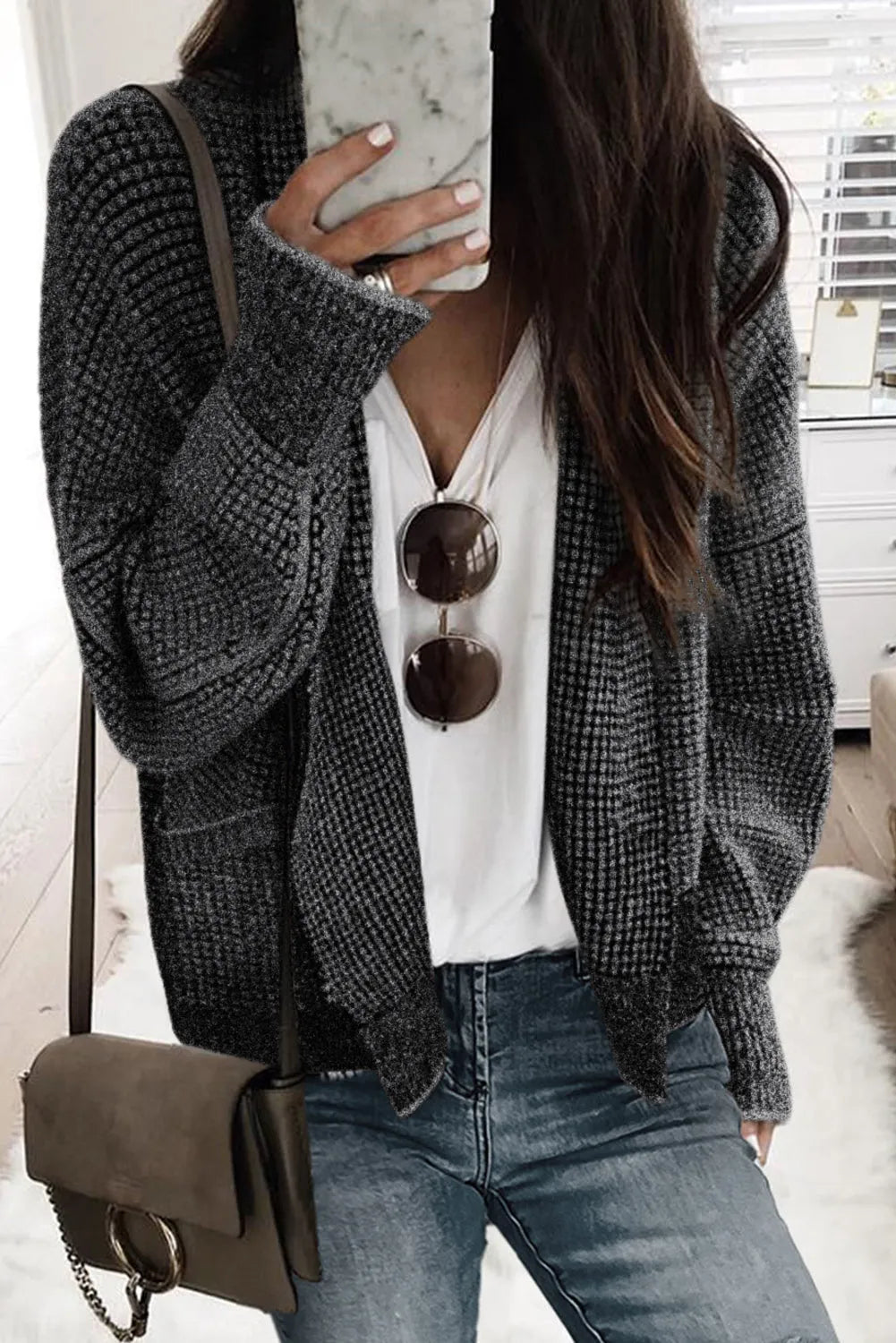 Black Chunky Waffle Knit Oversized Collar Cardigan - Chic Meadow Boutique 