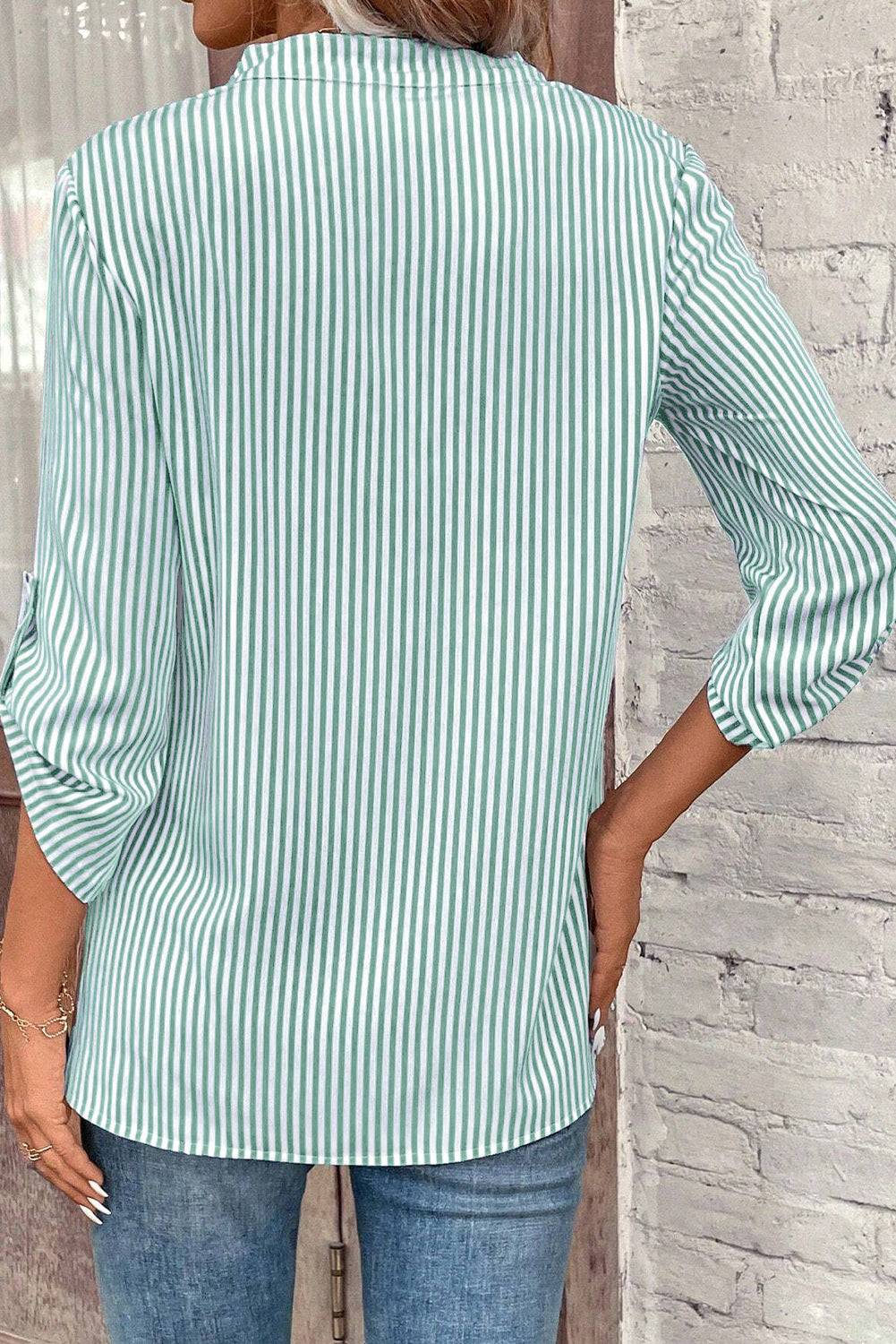 Green Stripe V Neck Roll Up Sleeve Pocket Patched Classic Shirt