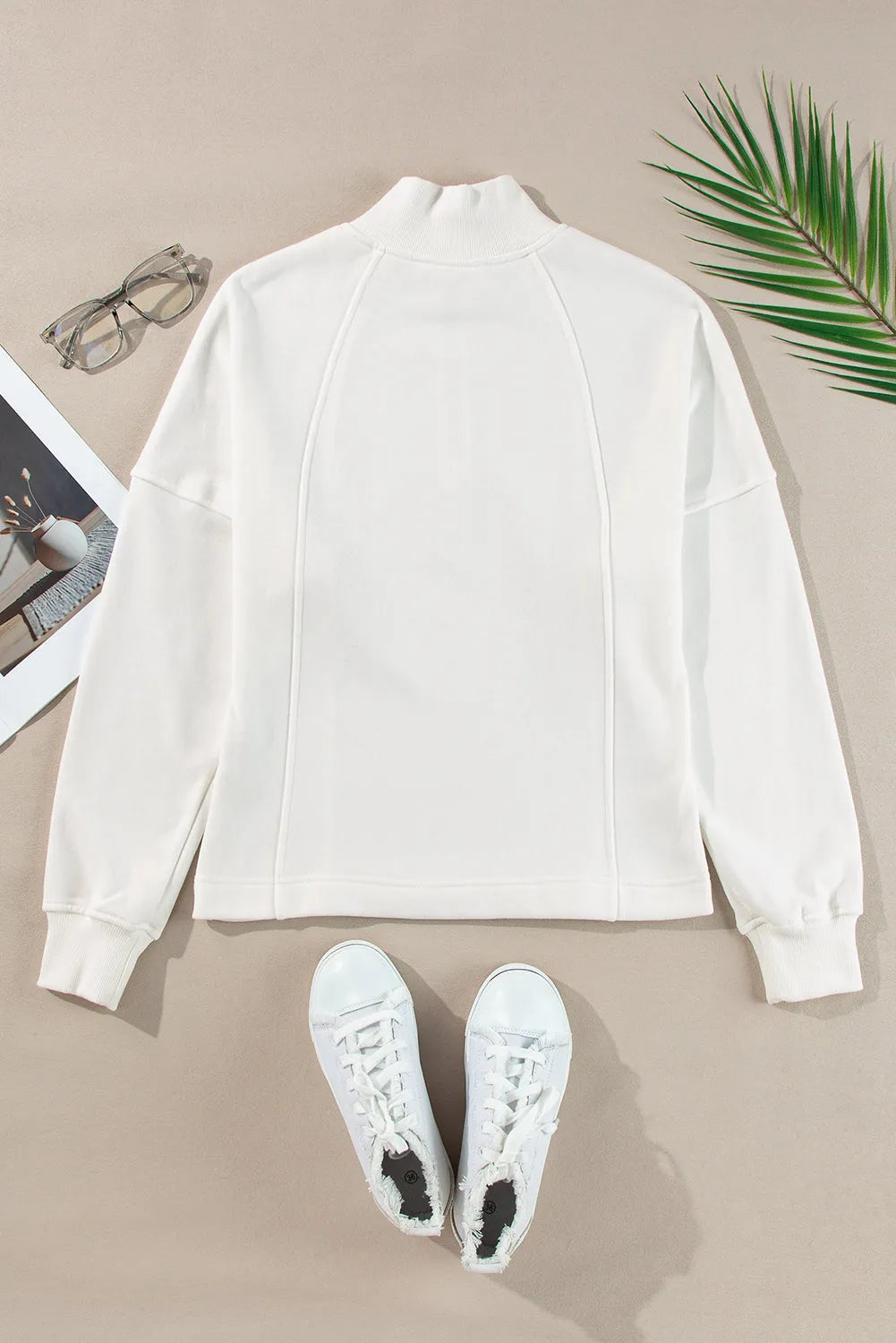 Tops/Sweatshirts & Hoodies White Zipped Neck Pullover Drop Shoulder Sweatshirt