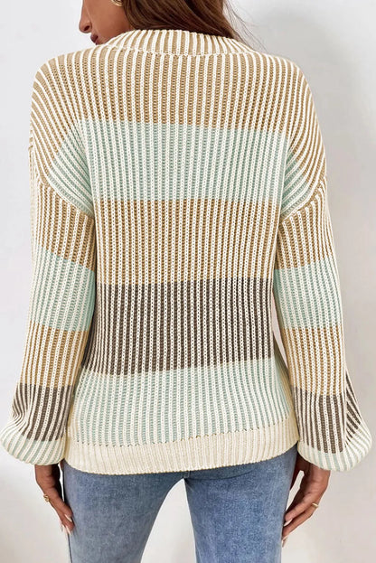 Brown Colorblock Textured Knit Bubble Sleeve Sweater - Chic Meadow Boutique 