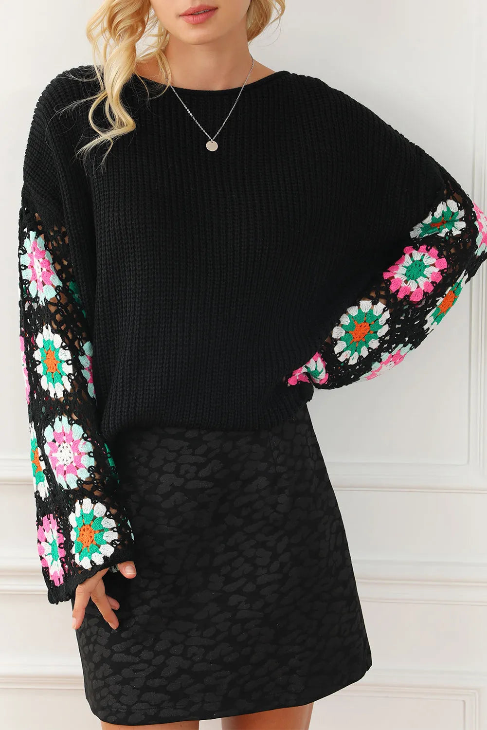 Black Floral Crochet Bell Sleeve Loose Sweater - Chic Meadow Boutique 