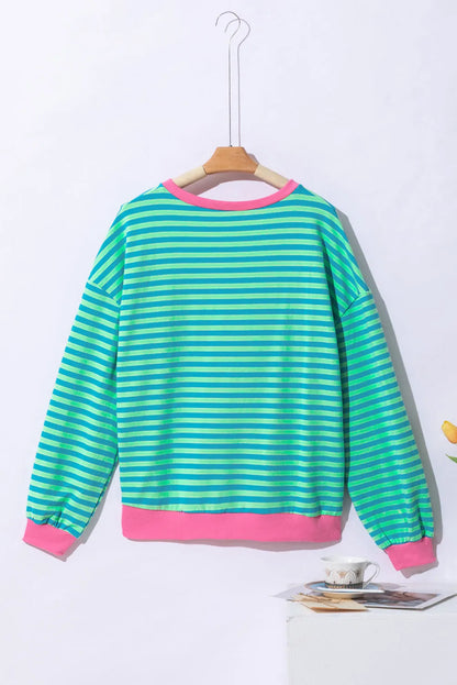 Sky Blue Stripe Oversized Contrast Trim Pullover Sweatshirt - Chic Meadow Boutique 