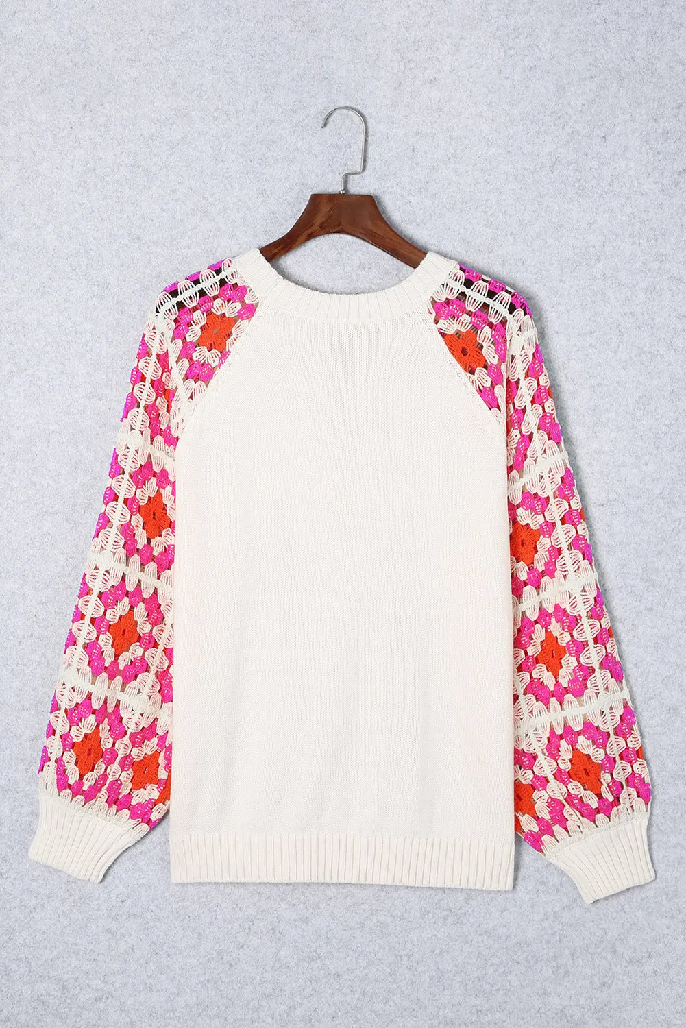 Rose Crochet Puff Sleeve Contrast Knit Sweater - Chic Meadow Boutique 