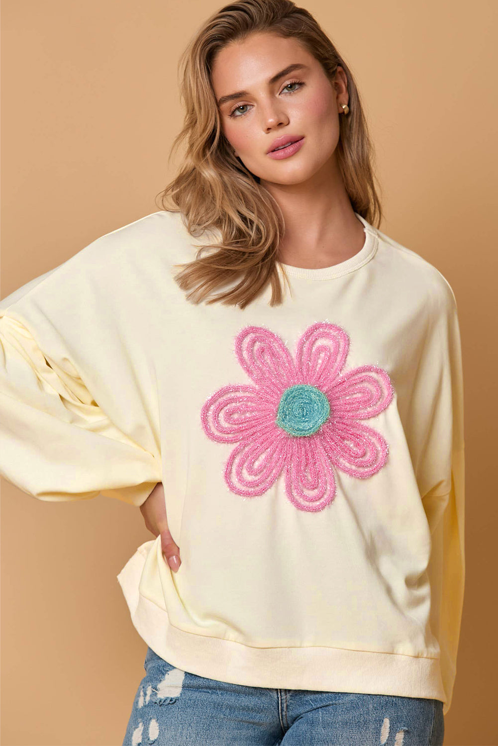 Beige Tinsel Flower Dropped Puff Sleeve Sweatshirt