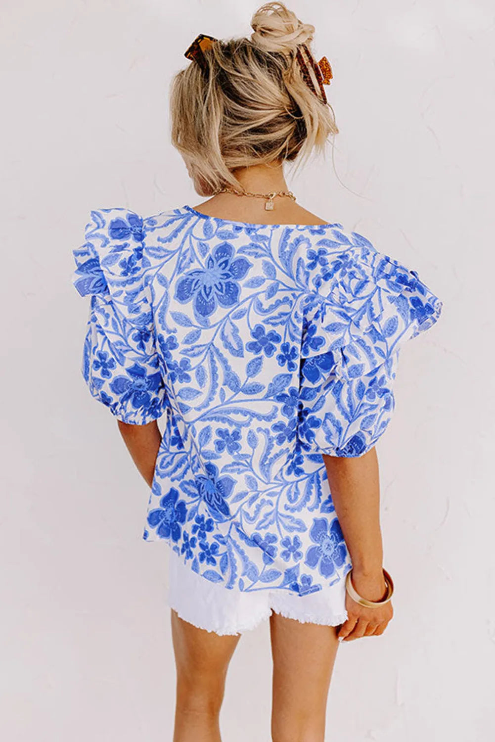 Dark Blue Floral Print Ruffled Bubble Sleeve Blouse - Chic Meadow Boutique 