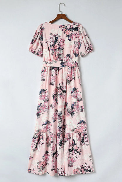 Pink Floral Puff Sleeve High Waist Maxi Dress - Chic Meadow Boutique 