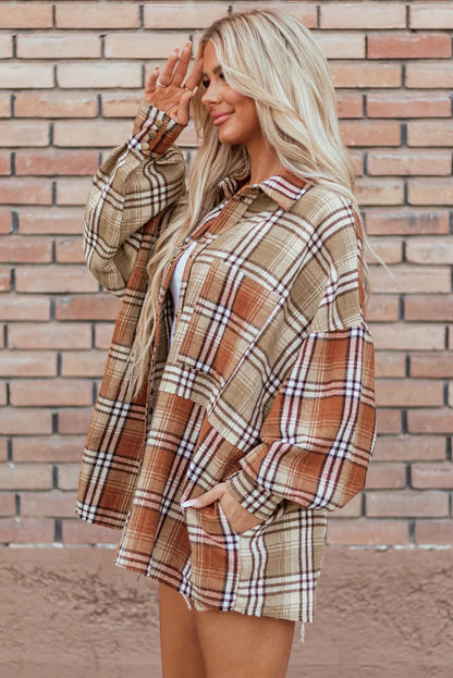 Khaki Plaid Colorblock Patchwork High Low Shacket - Chic Meadow Boutique 