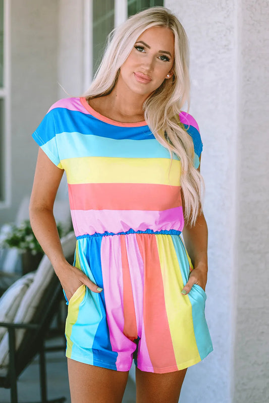 Multicolor Striped Print High Waist Short Sleeve Romper with Pockets - Chic Meadow Boutique 