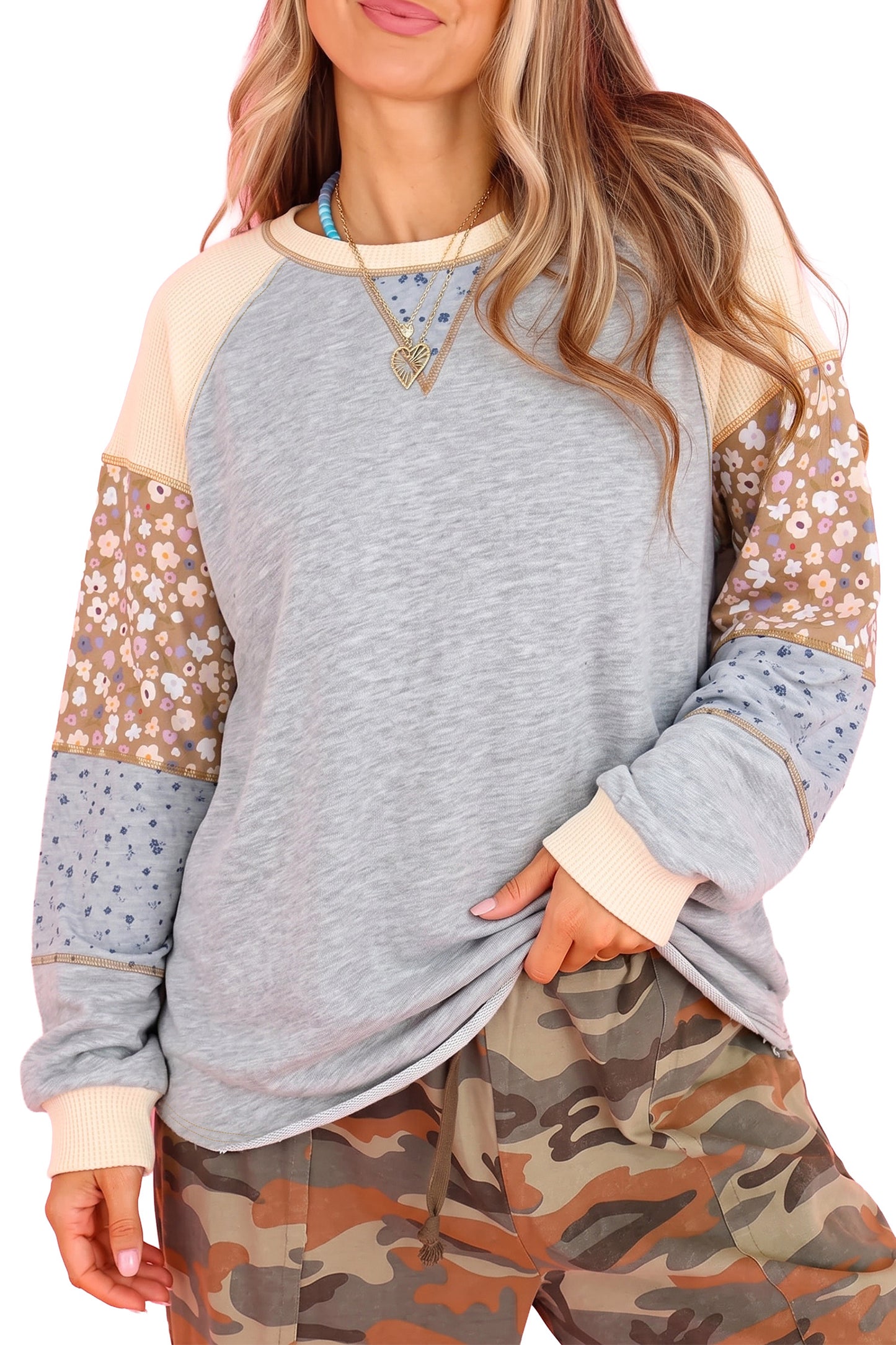 Light Grey Color Block Floral Waffle Mixed Patchwork Long Sleeve Top