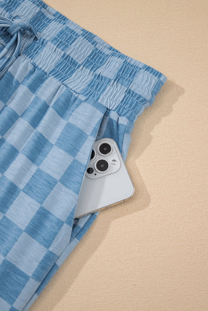 Sky Blue Checkered Elastic High Waist Loose Casual Pants