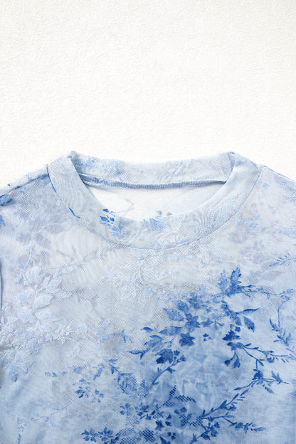 Sky Blue Sheer Mesh Floral Printed Mock Neck Long Sleeve Bodysuit