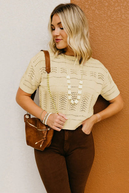 Beige Knitted Hollow out Short Sleeve Crop Sweater - Chic Meadow Boutique 