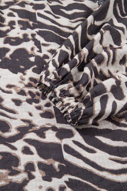 Parchment Leopard Print V Neck Button Down Balloon Sleeve Shirt