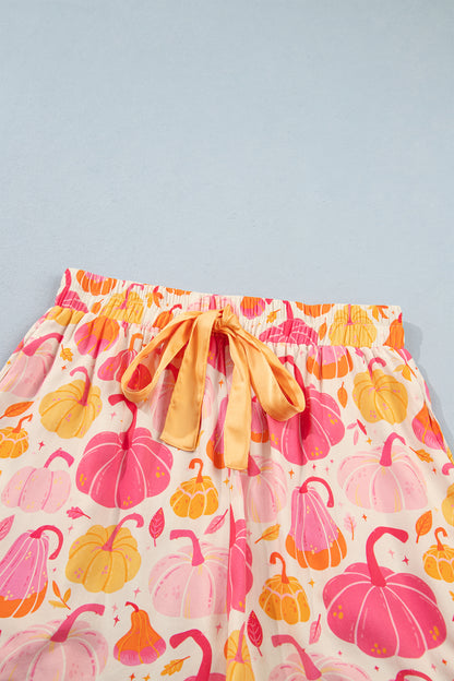Pink Short Sleeve Pumpkin Print Pocket Placket Shell Button Lounge Set