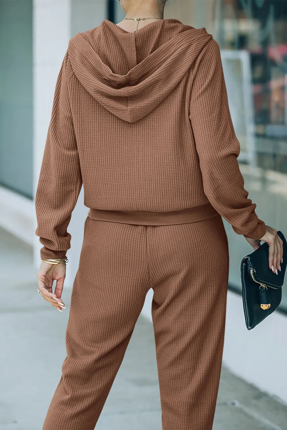 Brown Waffle Knit Zip-Up Hoodie and Pants Athleisure Outfit - Chic Meadow Boutique 