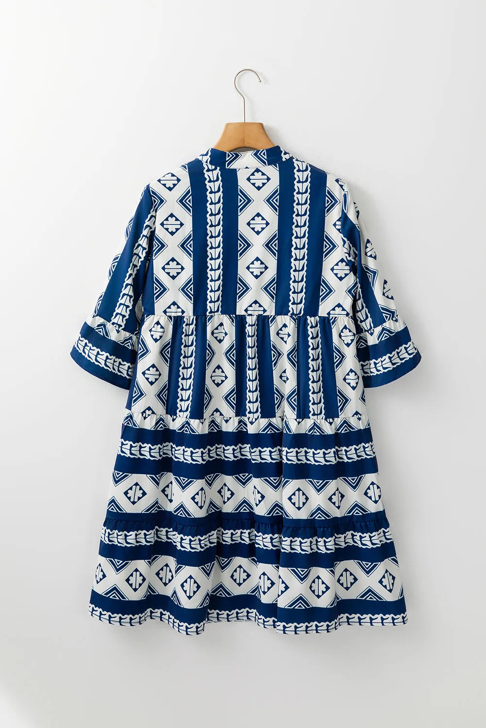 Blue Geometric Print V Neck Ruffled Dress - Chic Meadow Boutique 