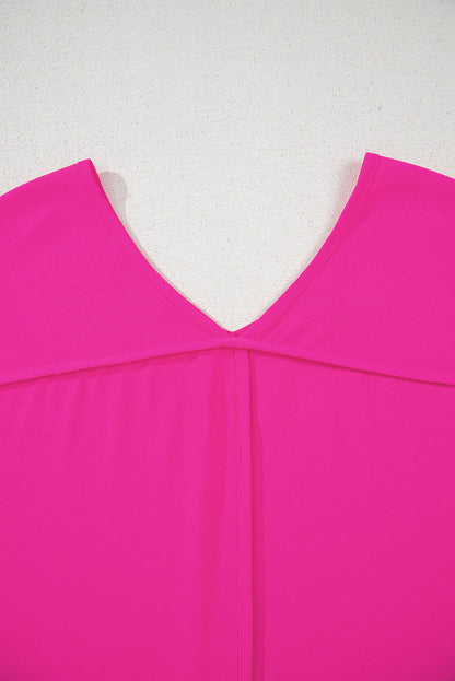 Bright Pink Seamed Back High Low Hem V Neck Cuffed Sleeve Plus Size Tee