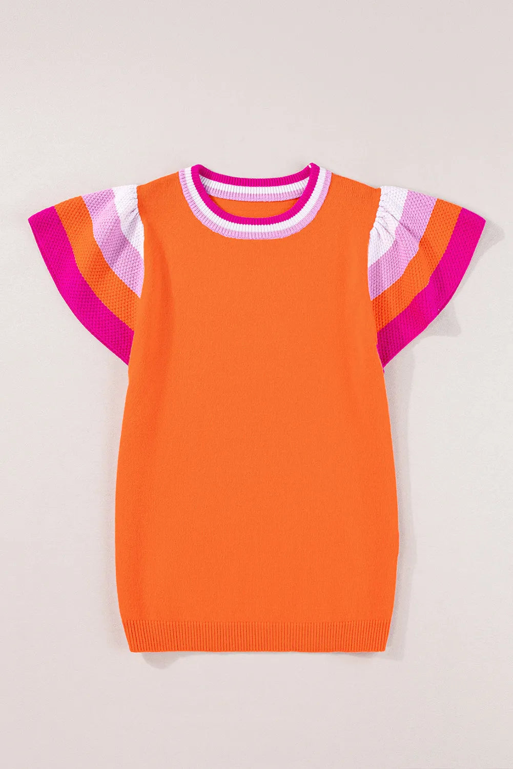 Carrot Contrast Flutter Sleeves Knitted Sweater T Shirt - Chic Meadow Boutique 