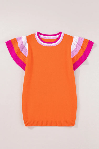 Carrot Contrast Flutter Sleeves Knitted Sweater T Shirt - Chic Meadow Boutique 