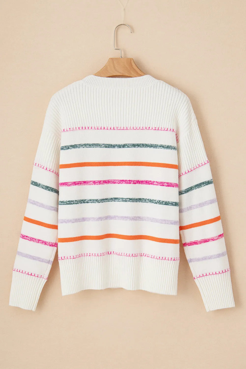 White Colorful Striped Ribbed Trim Sweater - Chic Meadow Boutique 