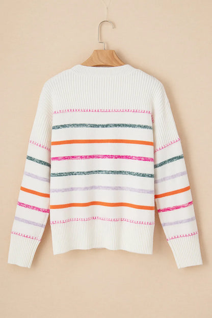 White Colorful Striped Ribbed Trim Sweater - Chic Meadow Boutique 