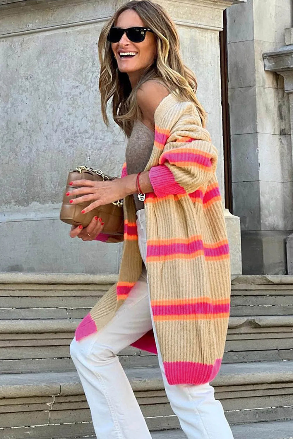 Stripe Printed Ribbed Long Knitted Cardigan - Chic Meadow Boutique 