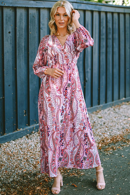 Multicolour Boho Paisley Print V Neck Empire Waist Maxi Dress - Chic Meadow Boutique 