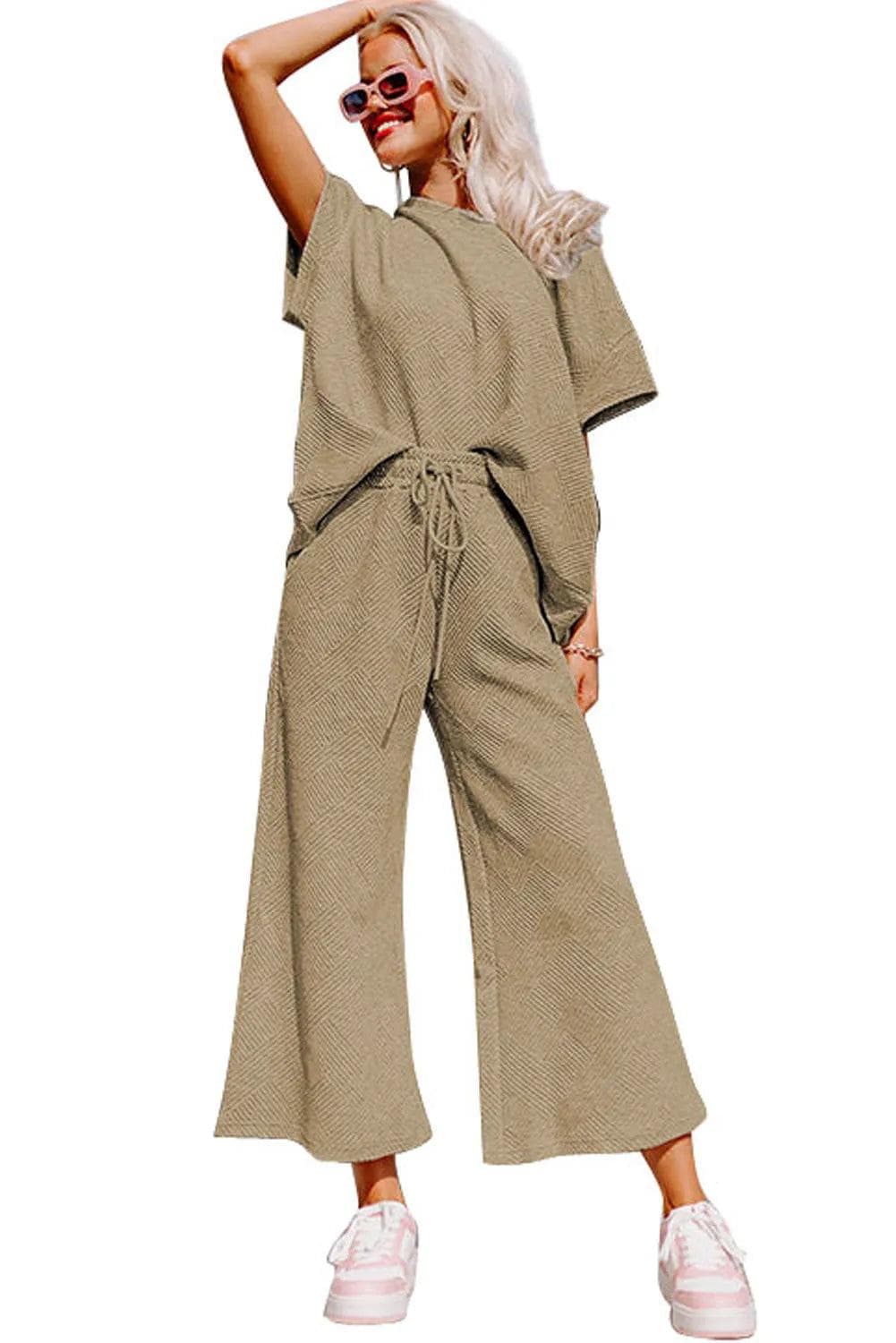 Two Piece Sets/Pant Sets Pale Khaki Textured Loose Fit T Shirt and Drawstring Pants Set