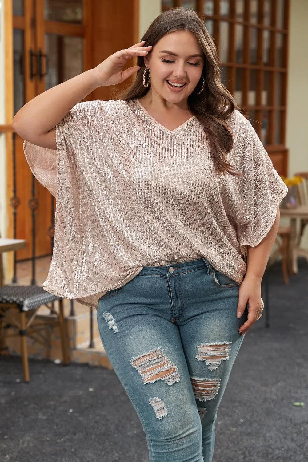 Plus Size/Plus Size Tops/Plus Size Tops & Tees Apricot Plus Size Sequined V Neck Boxy Top