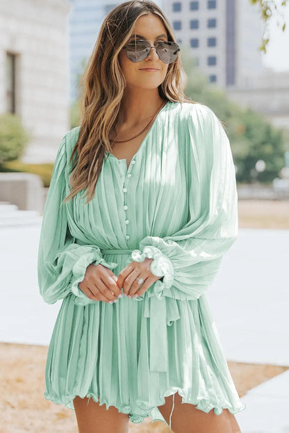 Bottoms/Jumpsuits & Rompers Green Pleated Ruffled Tie Waist Buttons V Neck Romper