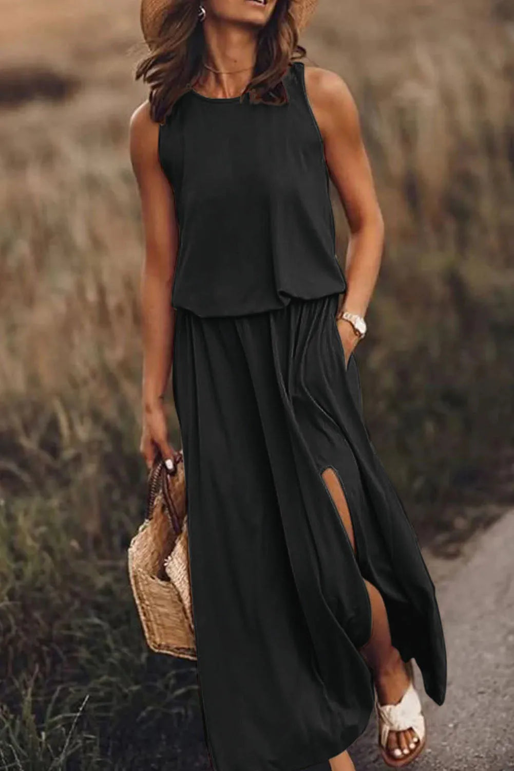 Black Solid Sleeveless Tunic Maxi Dress with Split - Chic Meadow Boutique 