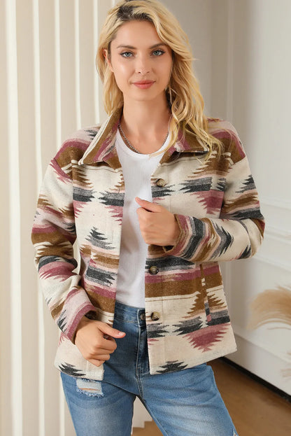 Multicolor Aztec Print Button Up Long Sleeve Jacket - Chic Meadow Boutique 