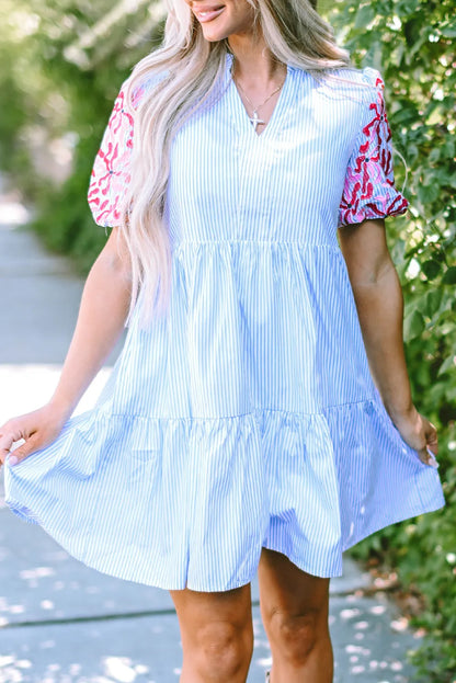 Sky Blue Stripe Contrast Floral Puff Sleeve Tiered Ruffle Dress - Chic Meadow Boutique 