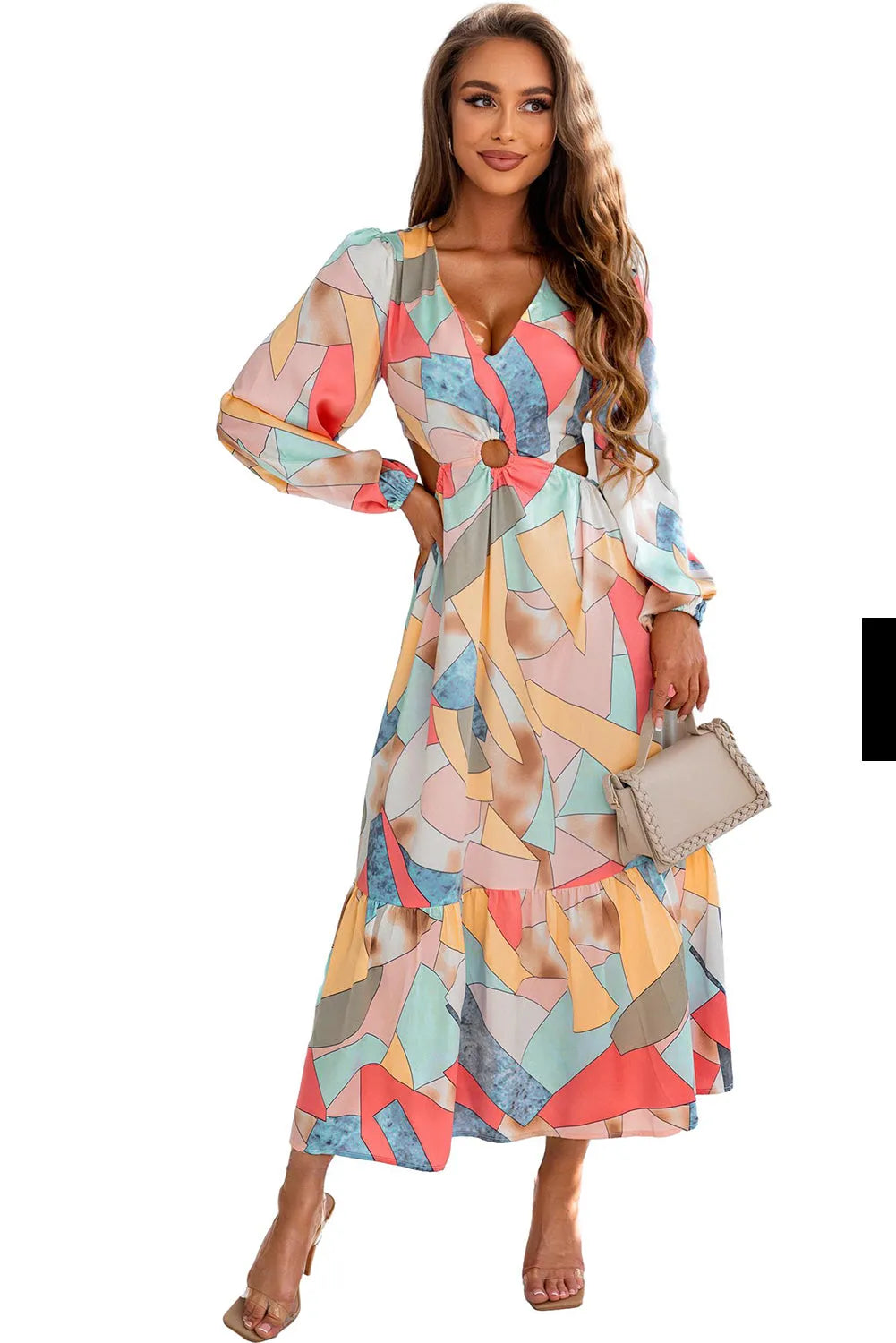 Multicolor Abstract Print O-ring Cut out Long Sleeve Maxi Dress - Chic Meadow Boutique 