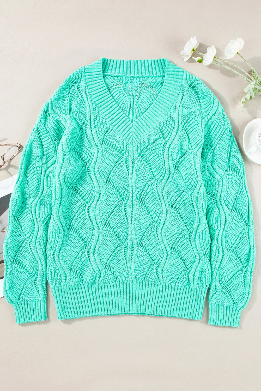 Mint Green Hollow Out Knit V Neck Drop Shoulder Sweater - Chic Meadow Boutique 