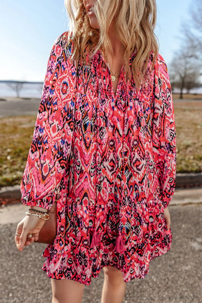 Rose Abstract Printed Tassel Tied Neck Long Sleeve Ruffled Mini Dress - Chic Meadow Boutique 