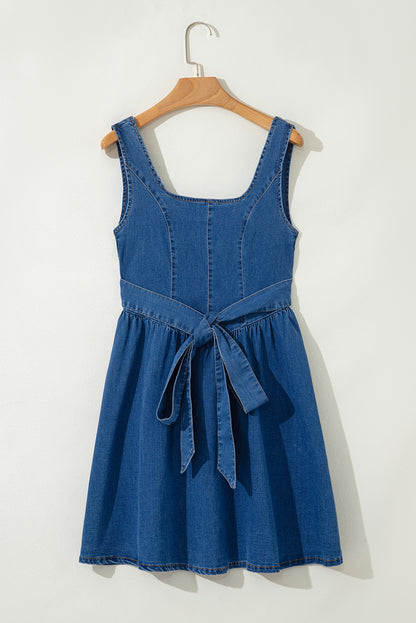 Sail Blue Square Neck Bowknot A-line Sleeveless Denim Dress