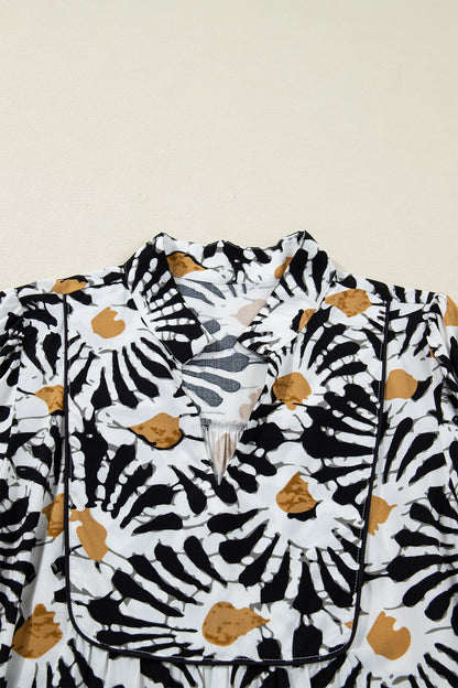 Black Abstract Floral Print Split V Neck Long Dress with Sleeves