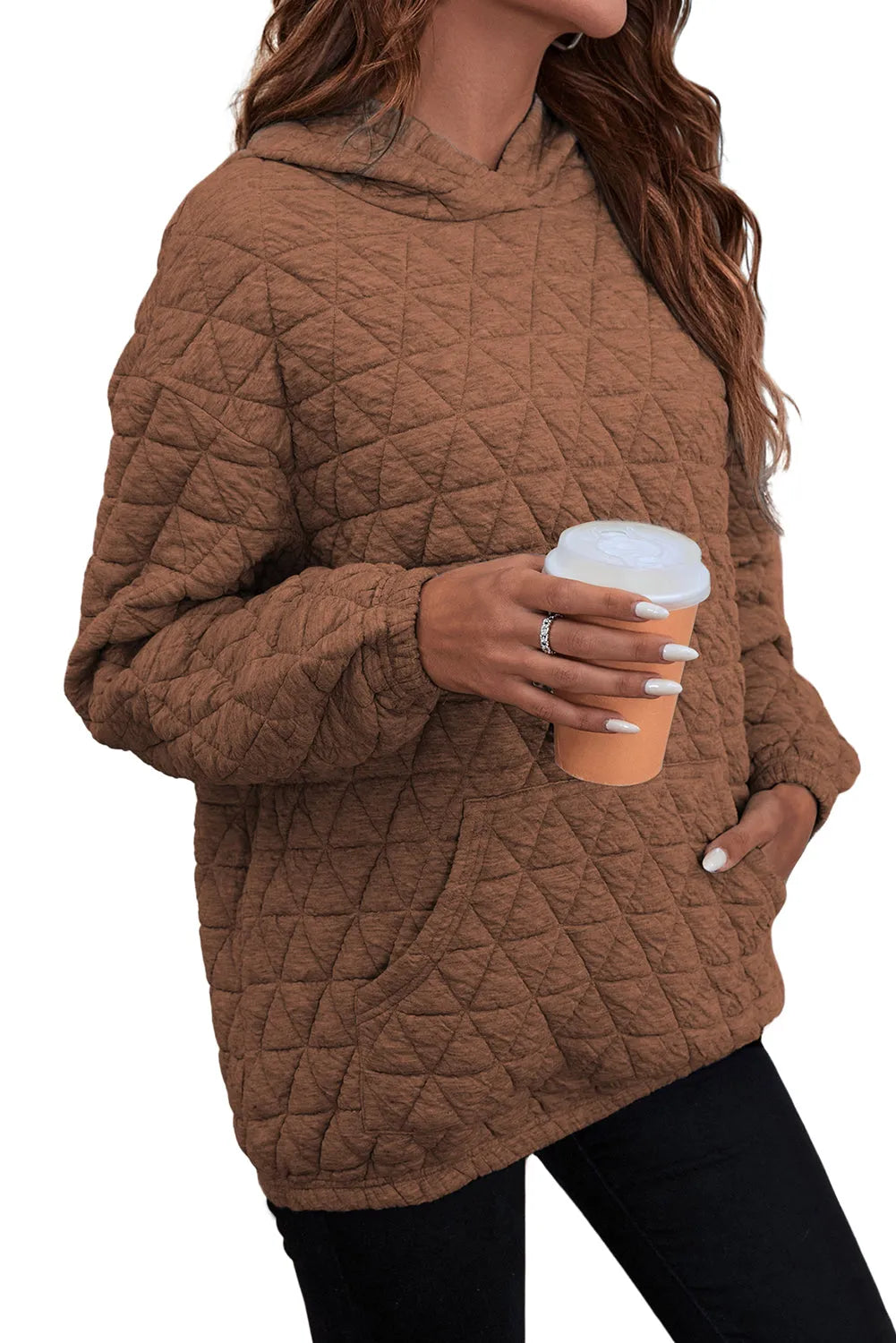 Coffee Solid Color Quilted Kangaroo Pocket Hoodie - Chic Meadow Boutique 