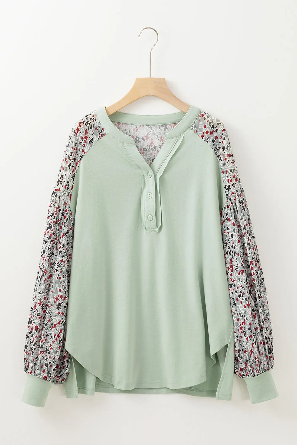 Meadow Mist Green Contrast Printed Bubble Sleeve Henley Loose Top with Slits - Chic Meadow Boutique 